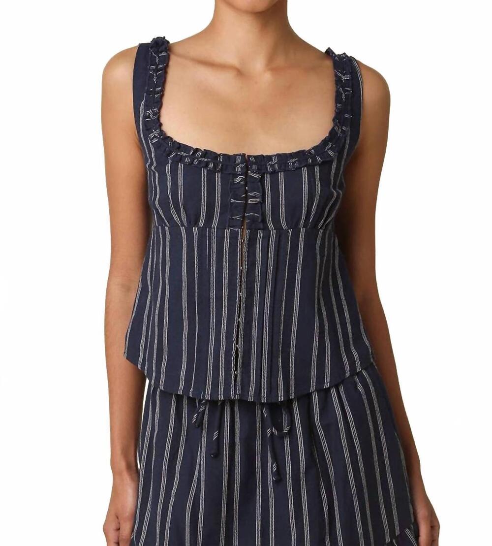 NEW OLIVACEOUS jaden ruffle trim tie top in navy stripe